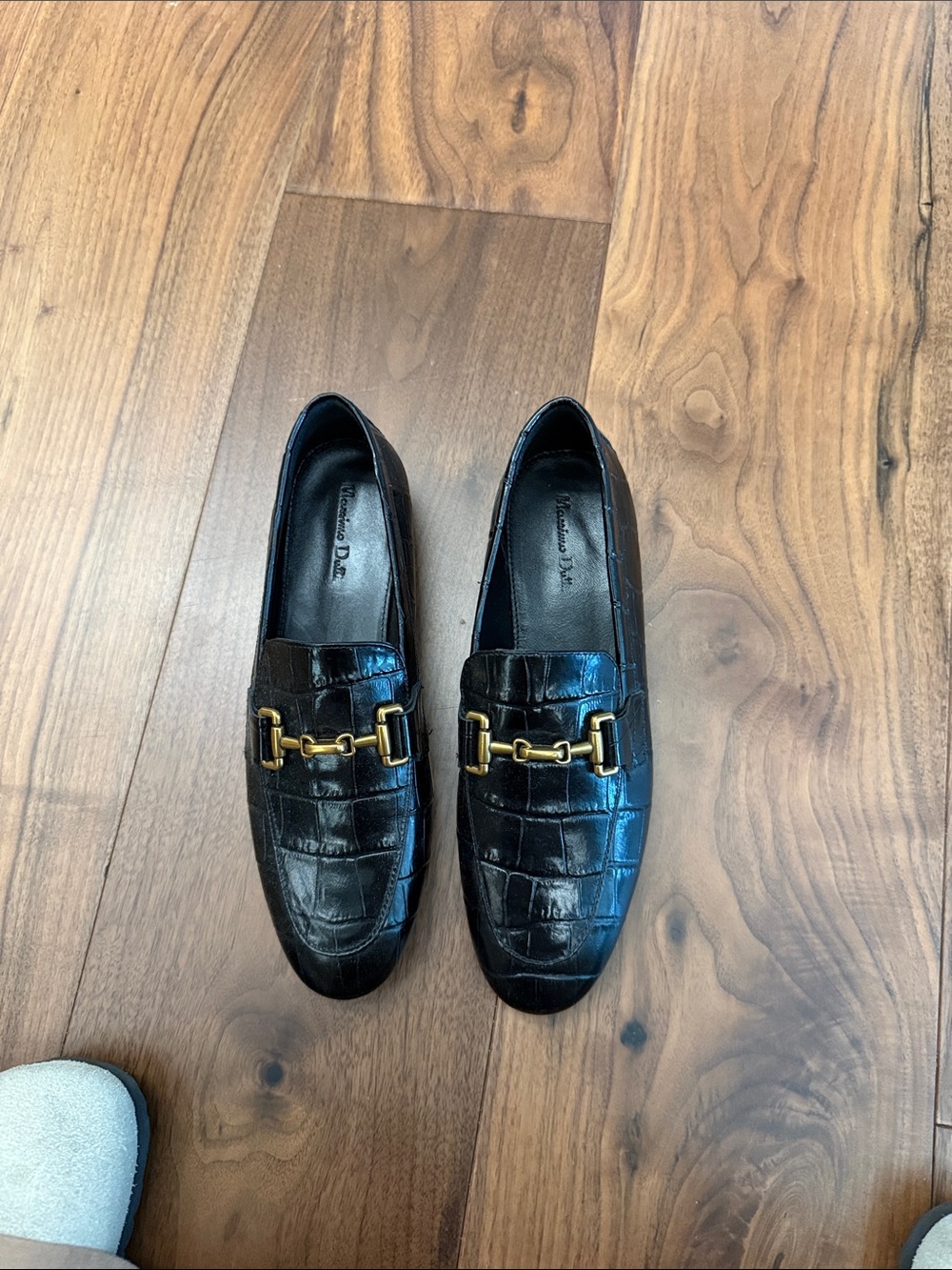 Massimo Dutti Black Croc-Embossed Loafers with Gold Bit